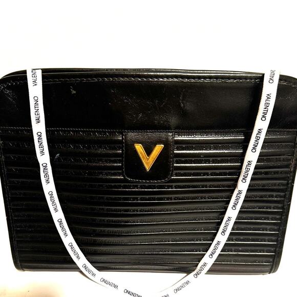 Vintage Valentino Garavani Leather Clutch Shoulder Bag Hand Bag Logo Black - Picture 10 of 11